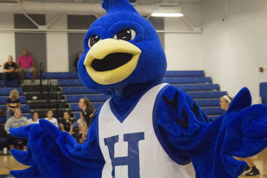 The Highlands Bluebird Mascot makes an appearance during the Freshmen match to pump up the crowd. 