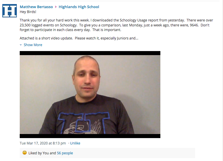 Principal Matthew Bertassos Schoology update.