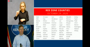 Governor Andy Beshear displays the 68 red zone counties in his update on Thursday, October 29.