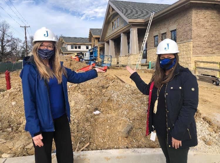 FTIS Superintendent Dr. Karen Cheser and Johnson Principal Ashley Dikeos pose with Johnson Elementary School, under construction. 
Photo courtesy of Fort Thomas Independent Schools. 