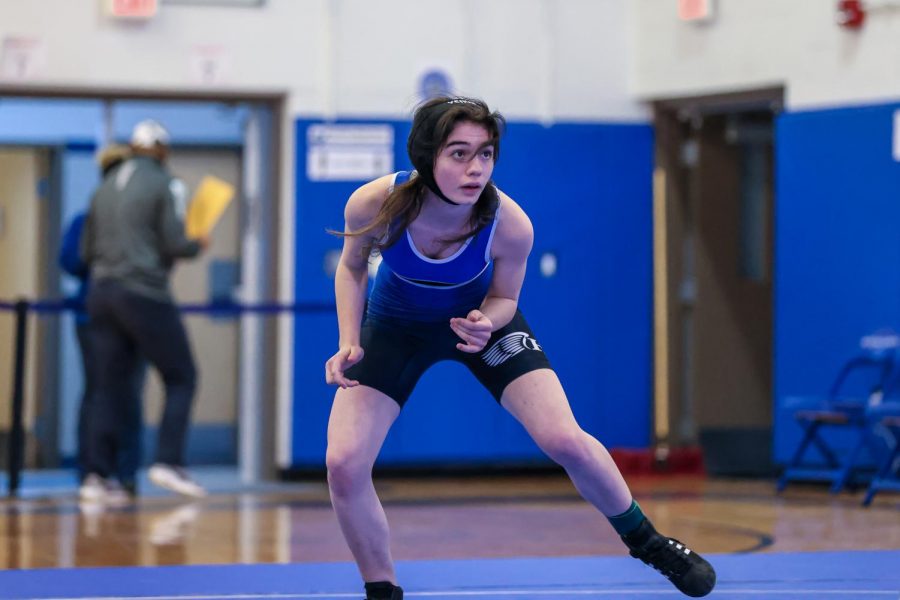 A wrestler circles the mat, eyeing her competition. 
Photo courtesy of DWC Photo. 