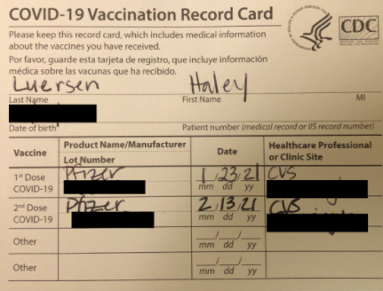 My COVID-19 Vaccination Record Card that includes information about my specific vaccine.