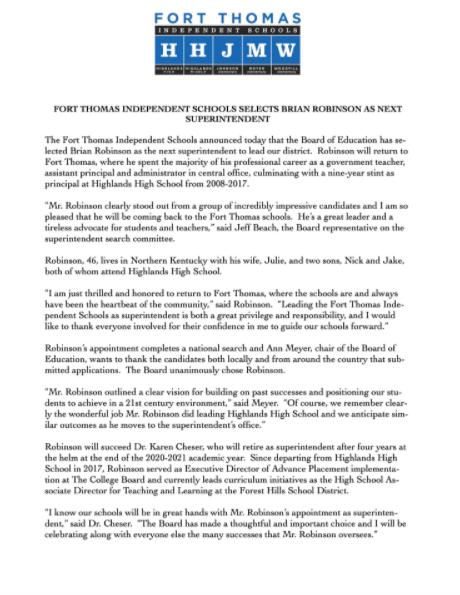 Press Release sent out by Fort Thomas Independent Schools announcing that Brian Robinson will be the next superintendent.