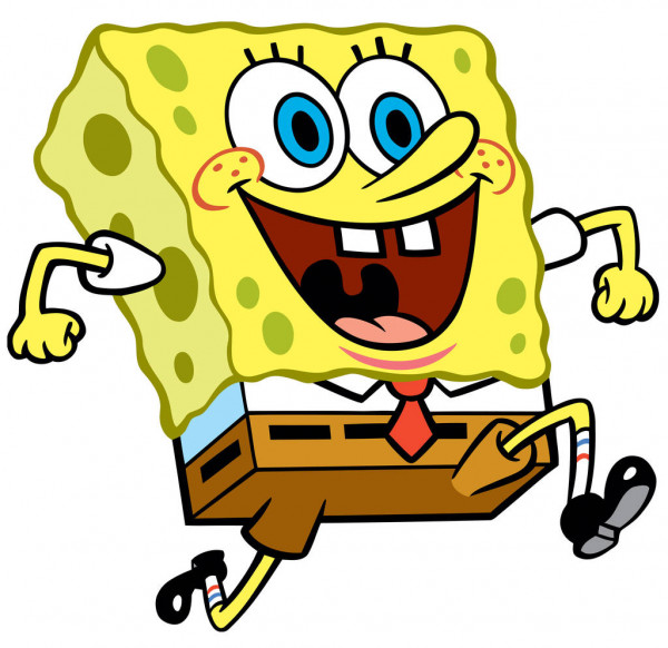 The character, SpongeBob Squarepants, is shown running with a huge smile on his face.