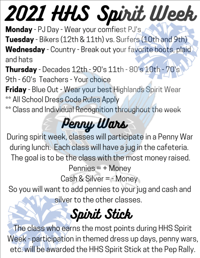 HHS Spirit Week schedule, along with information over Penny Wars and the Spirit Stick. 