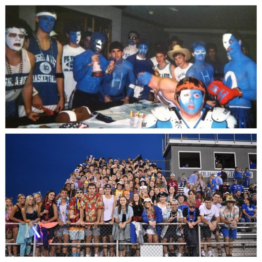 Top photo: Robbie Peterman and his friends painting and dressing up for the basketball    games. - Bottom photo: The O-ZONE poses while in their beach attire at a football game.