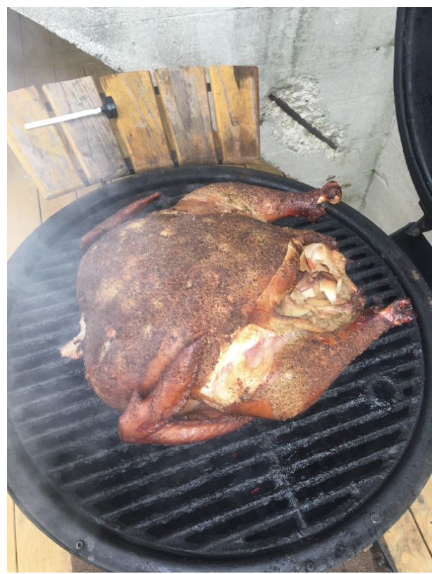 This is our typical Thanksgiving turkey cooked on a Big Green Egg.