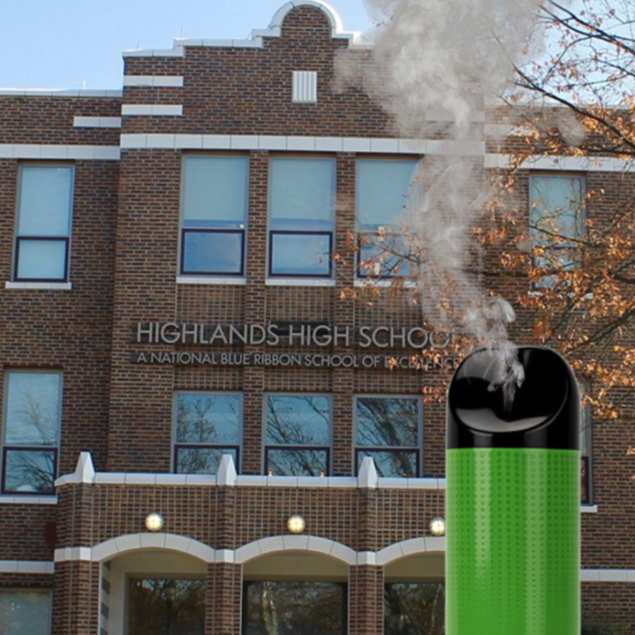Edited image of a vape in front of Highlands High School.