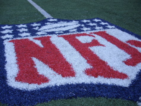 Image of the NFL logo on a turf football field. 