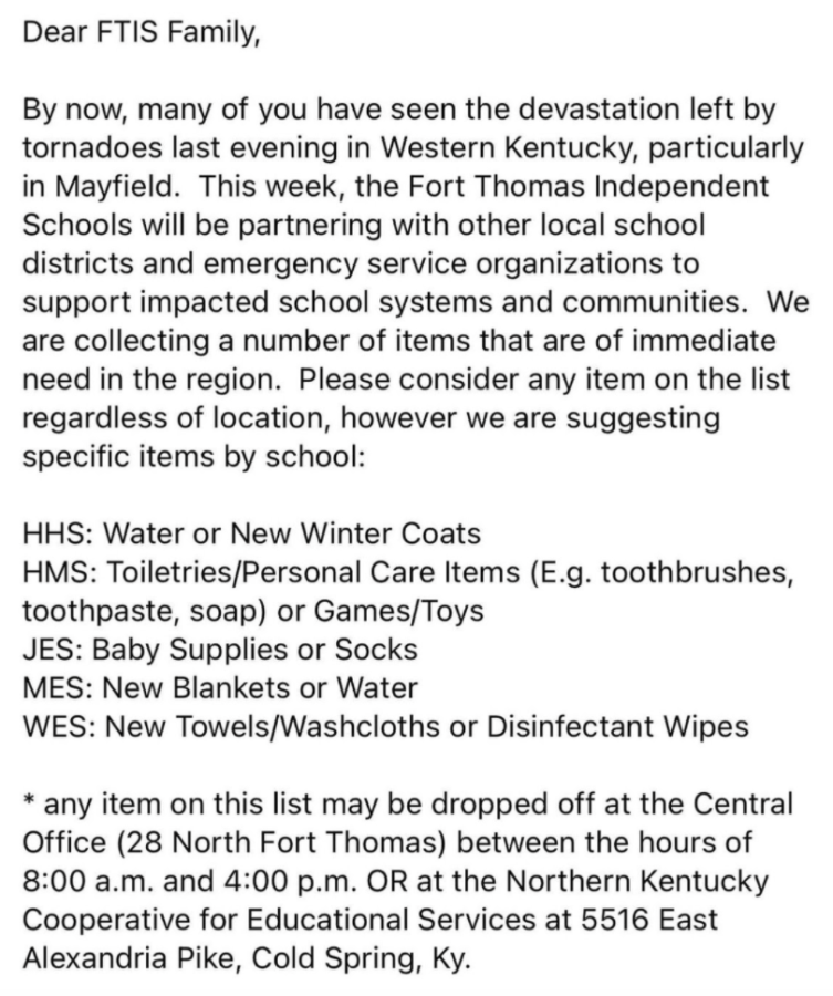 An email from the Fort Thomas Independent Schools District asking for donations for the tornado victims. 