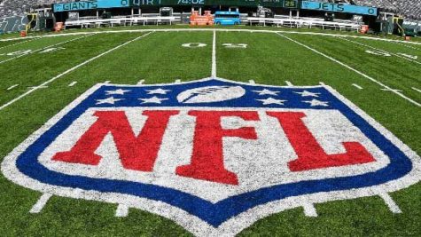 The NFL logo in the middle of the football field during the New York Giants and the New York Jets game. 