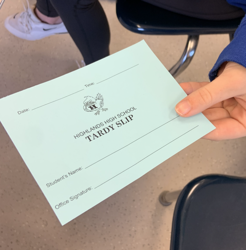 In the morning a student receives a tardy slip when they walk through the front entrance. 