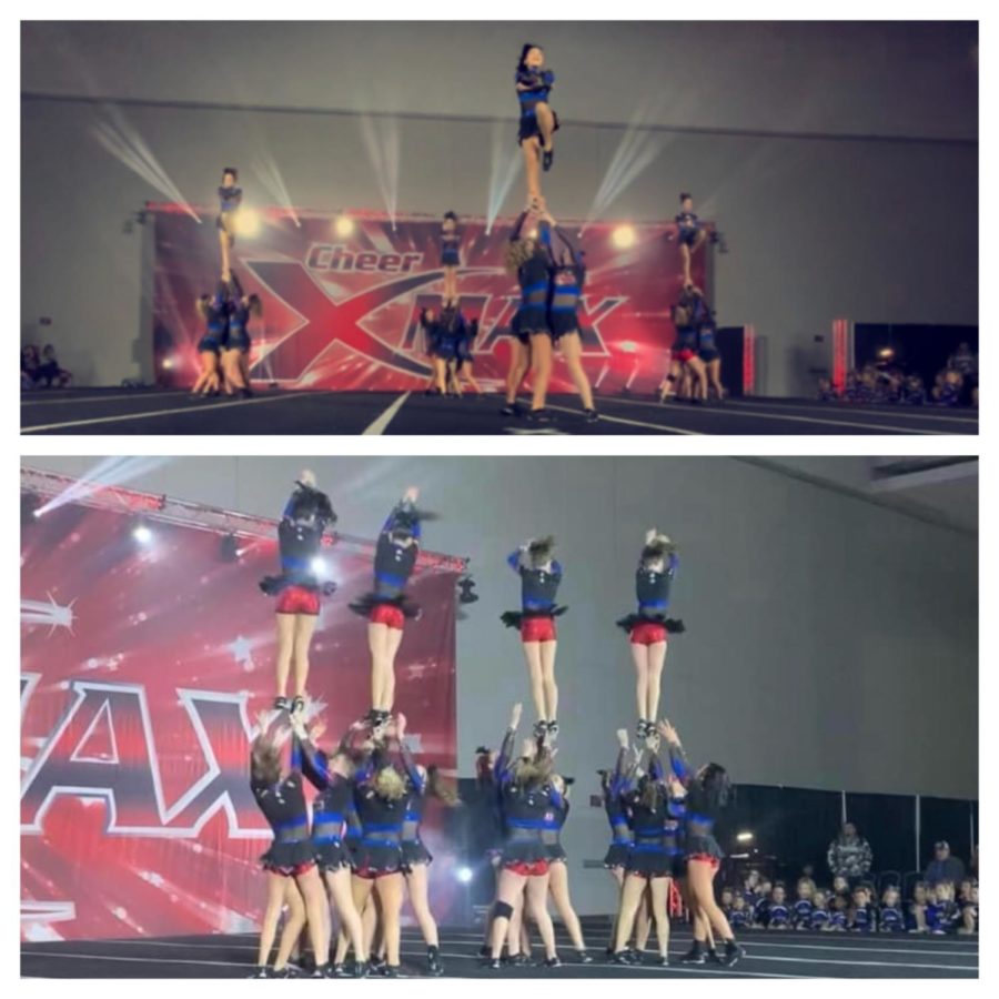 Cheerleaders hit their Elite Stunt and pyramid. 