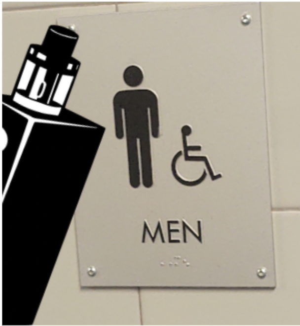 A vape pictured next to a bathroom sign at Highlands High School.