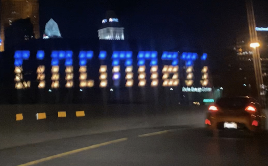 The Cincinnati sign lights up blue and yellow to represent Ukrainian flag colors. 