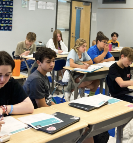 Freshmen students work hard in Algebra teacher Ryan Mahoneys class.