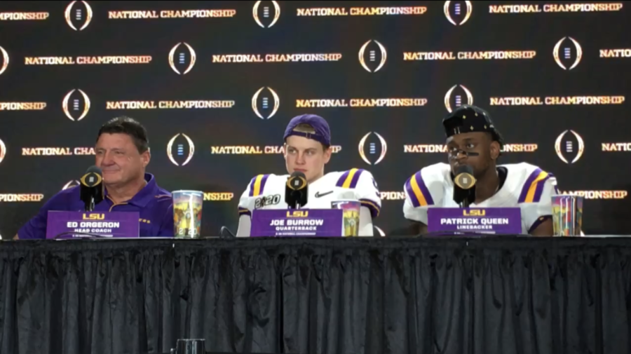 The+2019+LSU+tigers+in+their+post-game+interview+after+their+2019+college+football+championship+win.+Featuring+Joe+Burrow%2C+Patrick+Queen%2C+and+coach+Ed+Orgeron.