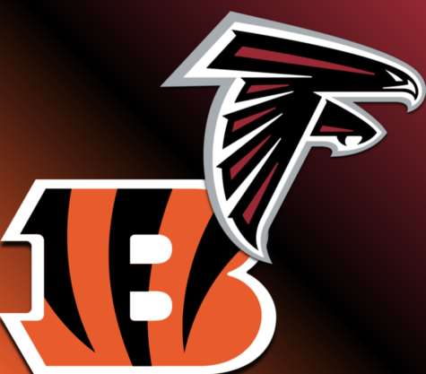 The Atlanta Falcons logo in front of the Cinncinati Bengals Logo.