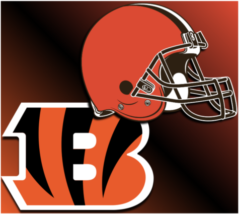 The Cleveland Browns logo in front of the Cincinnati Bengals Logo 