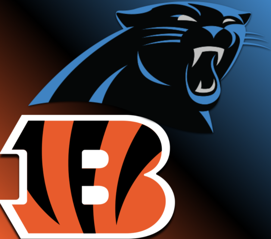 The Carolina Panthers logo in front of the Cinncinati Bengals Logo.