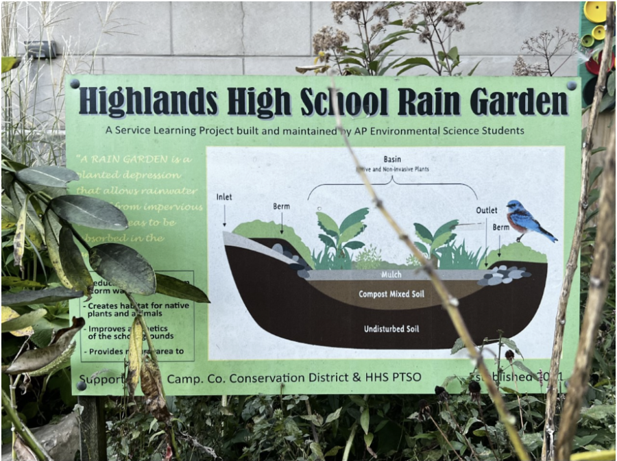 The sign in the Highlands High School Rain Garden under the pedway
 shows how a rain garden works .