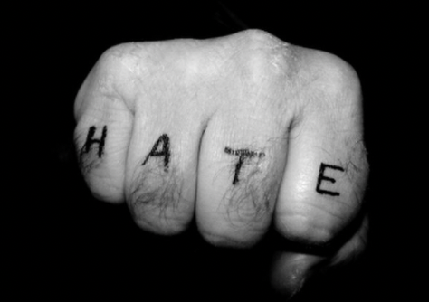 A tattoo on the fist of a person who has a lot of hate built up.