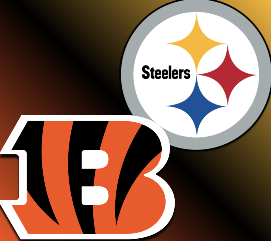 The Pittsburgh Steelers logo in front of the Cincinnati Bengals Logo.