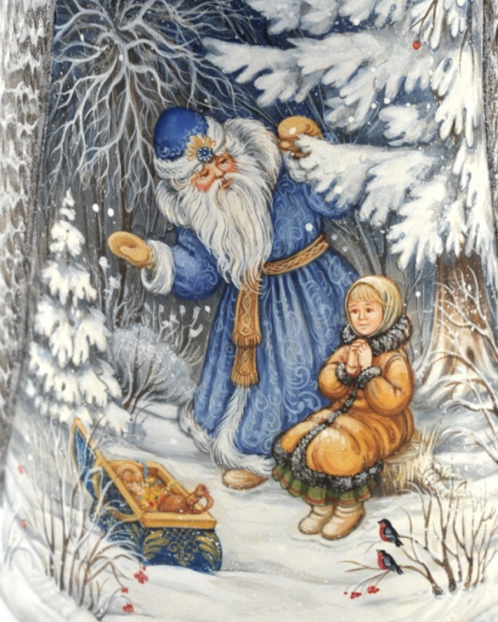 This picture of “Father Frost”, celebrated in both Russia and Asia represents a child being offered a  chest of goodies that he’s earned for doing good deeds all year around. 