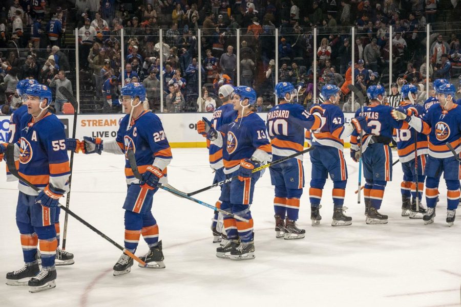 New+York+Islanders+players+skate+onto+the+ice+after+win+versus+Colorado+Avalanche+on+January+6%2C+2020.