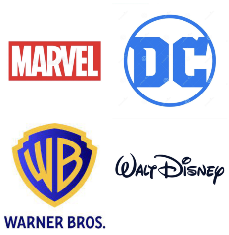 Logos of Marvel, DC, Disney, and Warner bros. Pictures 
