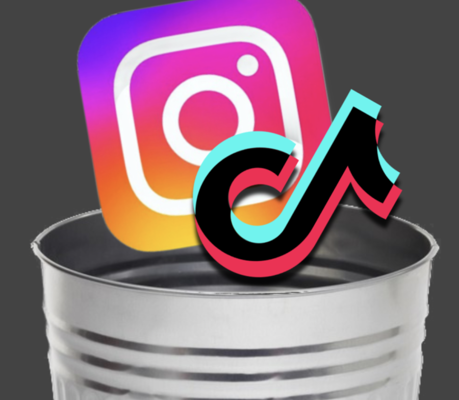 Instagram and TikTok logos in a trash can (made by Nathan Mueller)