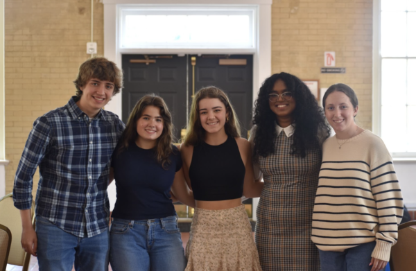 NHS officers, Bradley Groneck, Bella Anglin, Belle Fischer, Chanuthmi Abeysinghe, and Frances Eckerle pose together after the ceremony. “The NHS induction ceremony was fantastic thanks to all the officers’ and Mrs. B’s hard work. I am happy that I got to be part of it and can’t wait to see what we will achieve in the future as an organization,” says Abesinghe. 
