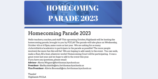 This is a form, providing information about the 2023 Homecoming Parade. 
