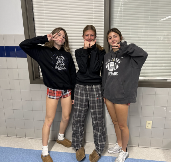 Freshmen Audrina Trauth, Avery Schweitzer, and Ella Jones pose for the photo. Trauth said, “I really liked pj day and being comfy all day.