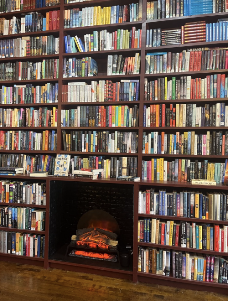 Photo of the main wall of books at the center of the store.