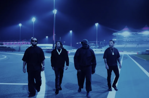 Kanye West (third from left) with Lil Durk (second from left), Ty Dolla $ign (first from left), and Bump J (fourth from left) after the release of the Vultures video.