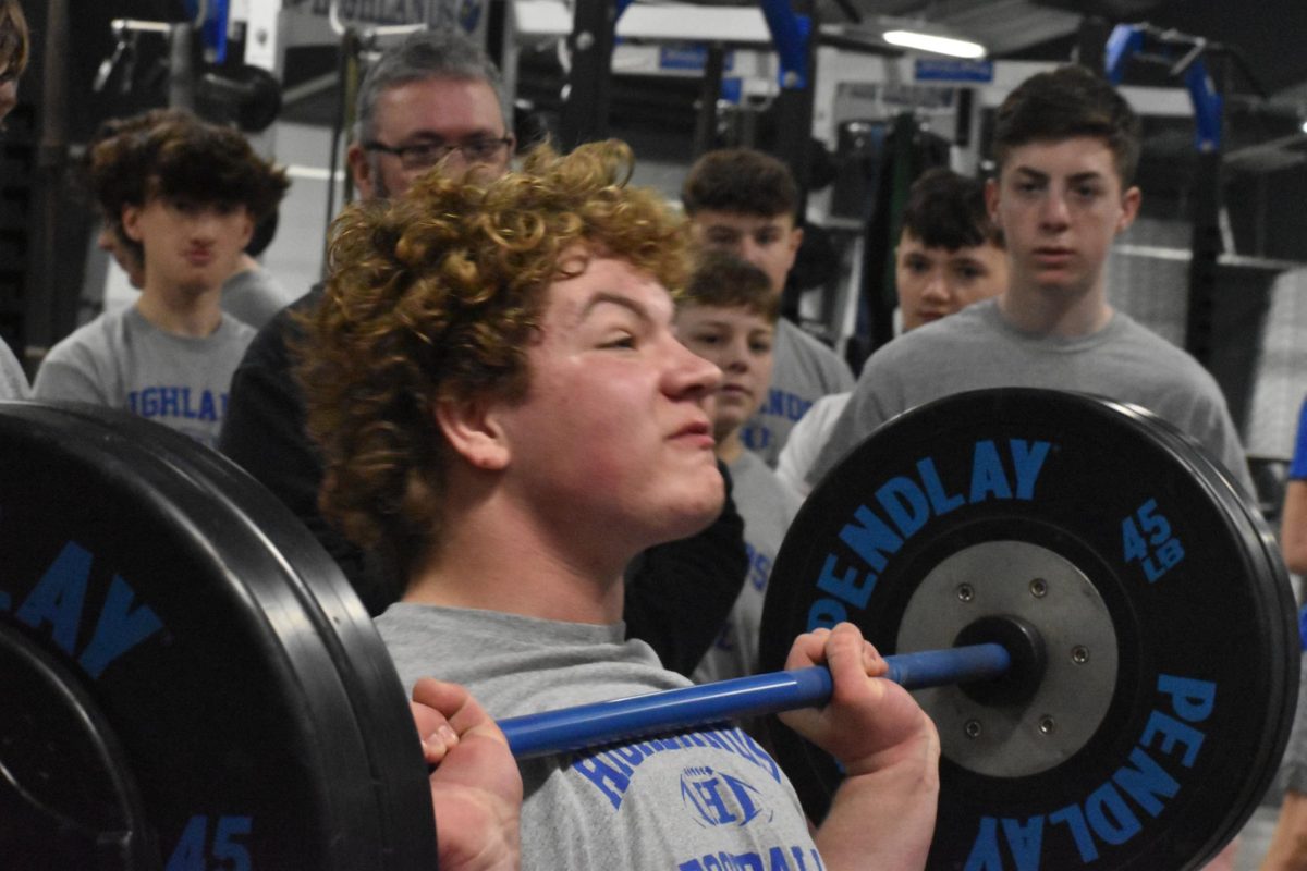 Sophomore Brody Cook power cleans 235 pounds during Highlands Lift-A-Thon.