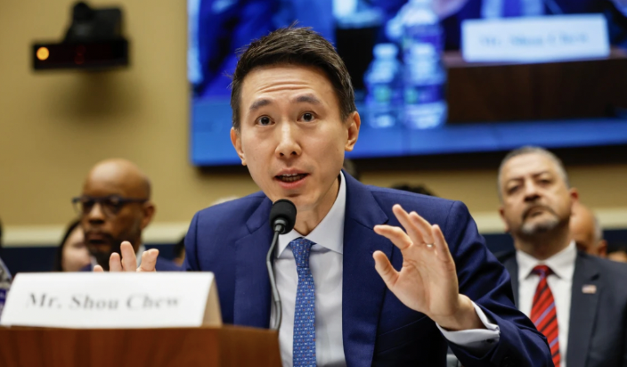 The CEO of Tiktok, Shou Zi Chew speaking at the congressional meeting. This image was posted on the NBC news website.