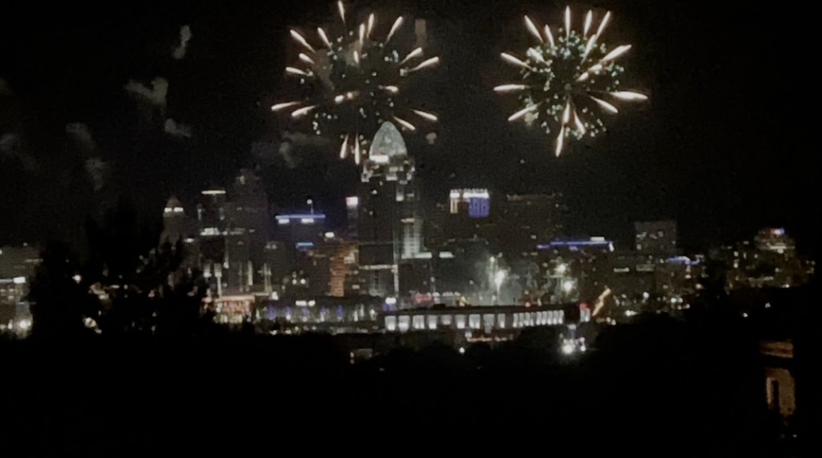 Fireworks light up the Cincinnati sky.