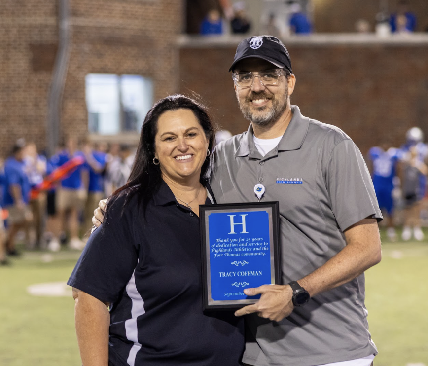 Tracy Coffman received recognition for her service to Highlands’ athletic department at the Campbell County game on Sept. 5. (Allen Ramsey, used with permission)