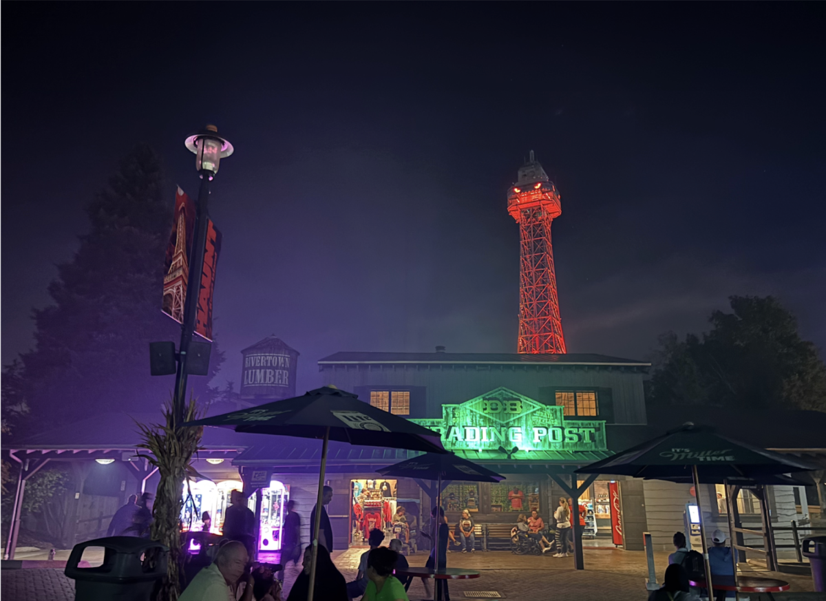 Kings Island displays different colored lights for their Halloween special.