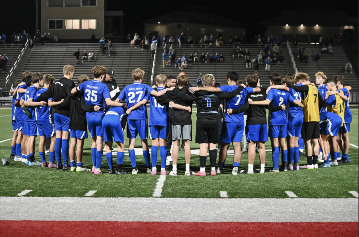The Highlands boys soccer team gets together for one last talk. "We left everything on the field together," Ethan Lang (10) said.