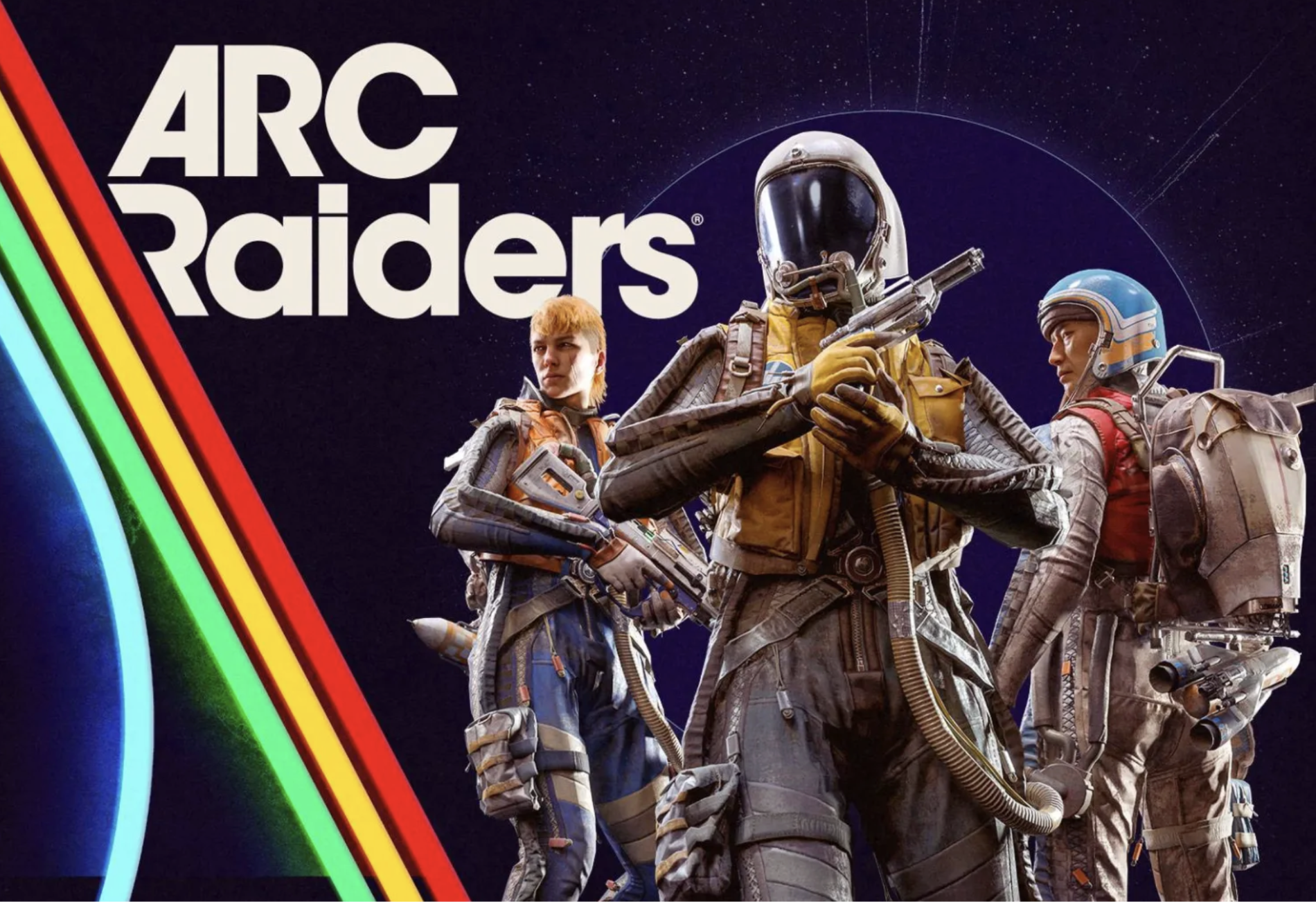 Raiders pose in front of the game’s logo (Courtesy the Arc Raiders Press Kit, Embark Studios)