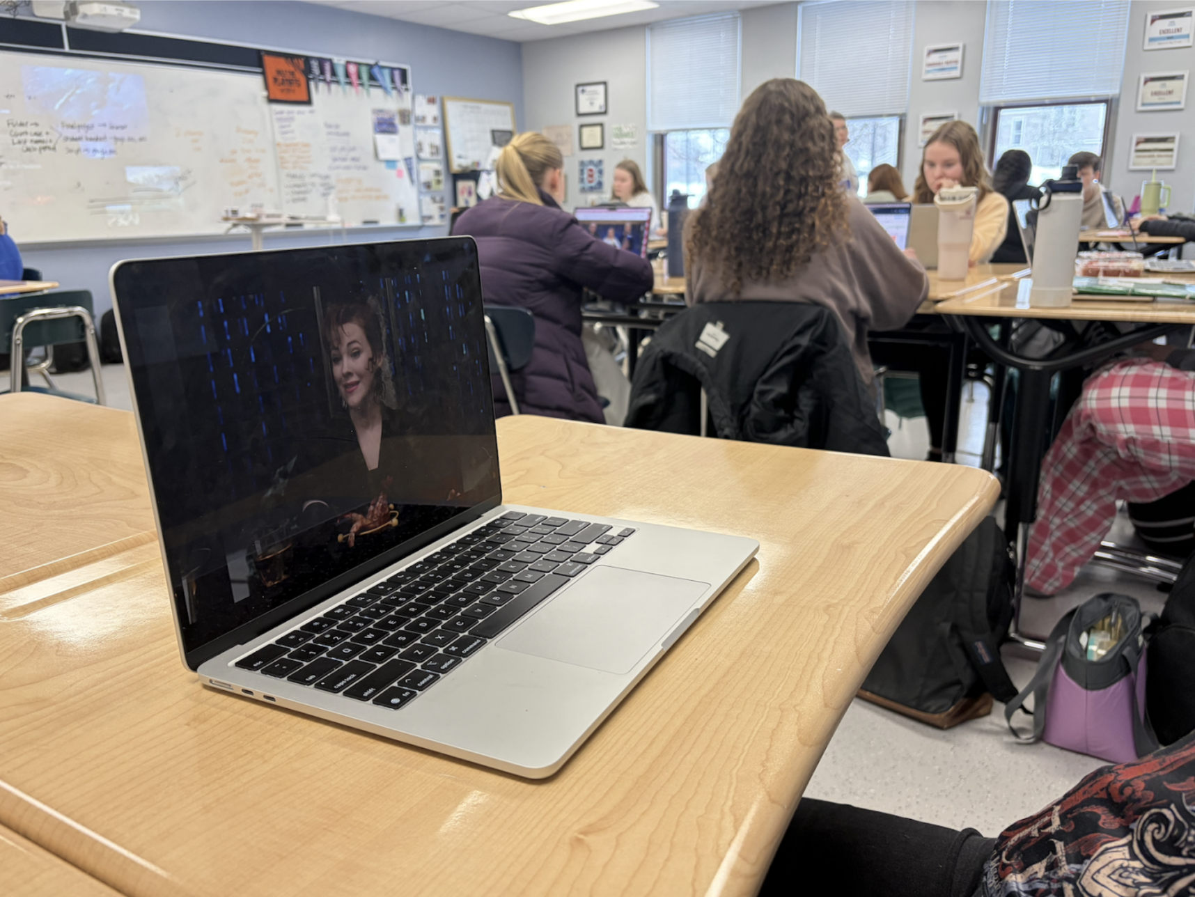 A student watches Catherine O'Hara in her popular film Beetlejuice.