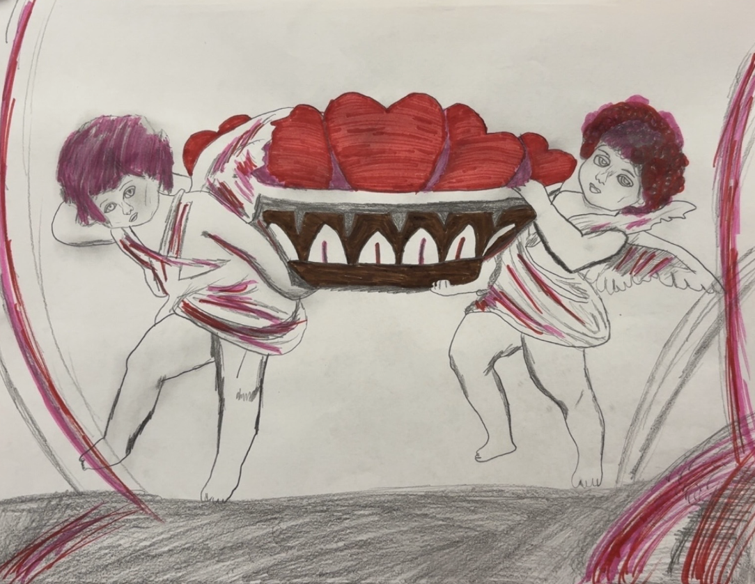 Angels carry a basket of hearts. 
