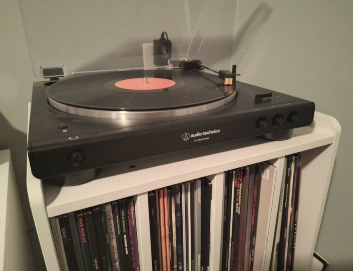 Record player in a dimmed room.