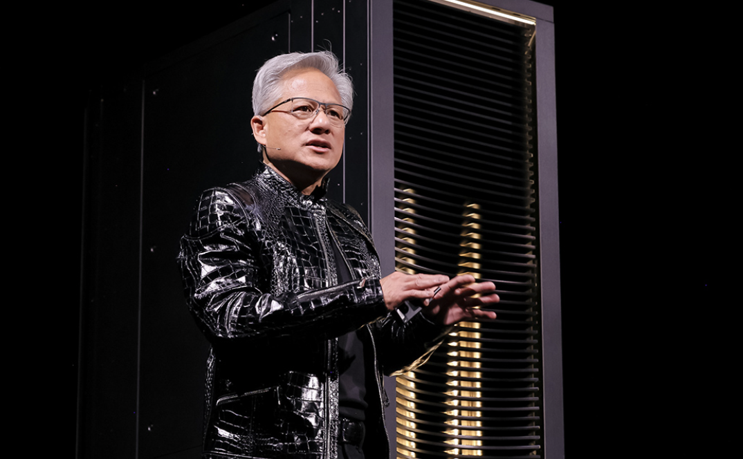 Jensen Huang speaks to a crowd at a convention. (Photo Courtesy of NVIDIA, used with permission)
