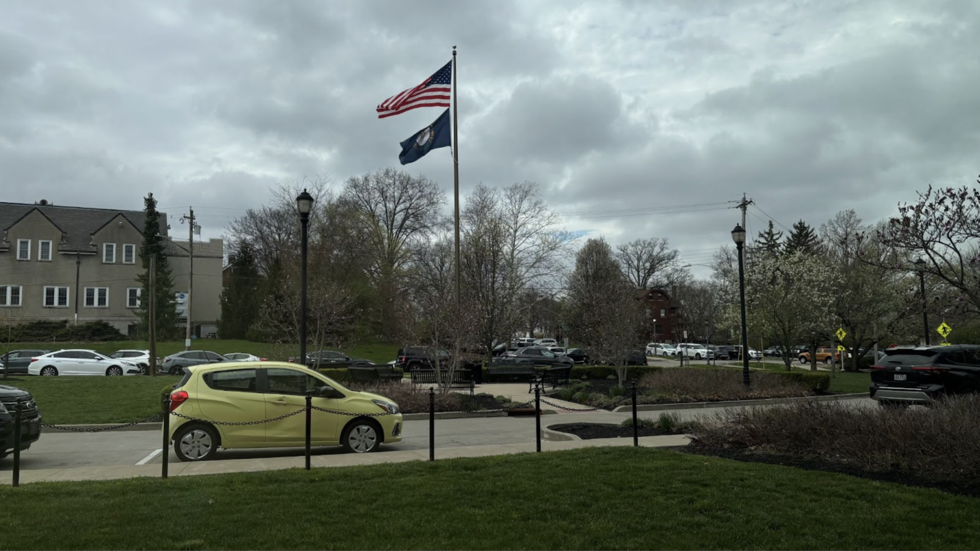 Trees are starting to bloom in the car circle in front of Highlands.