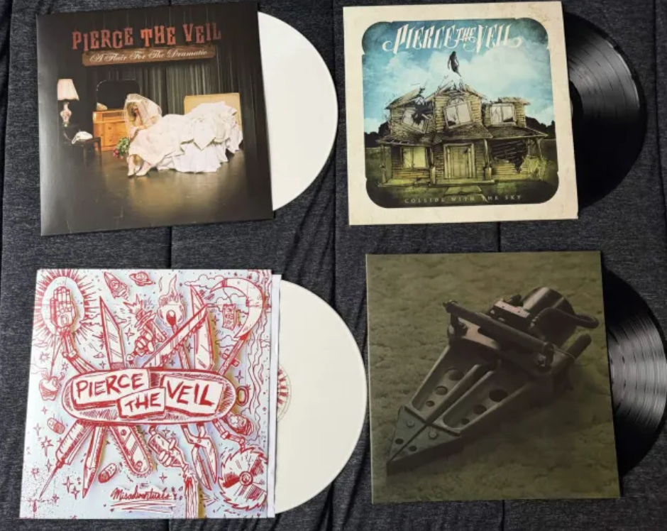 Four “Pierce the Veil” albums in vinyl form, including A Flair for the Dramatic, Collide with the Sky, Misadventures, and The Jaws of Life (Courtesy of Hunter Cole (9)).