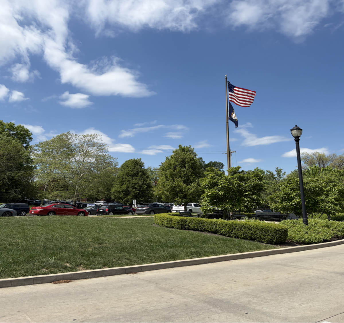 The sun shines bright on the front lawn of Highlands High School.